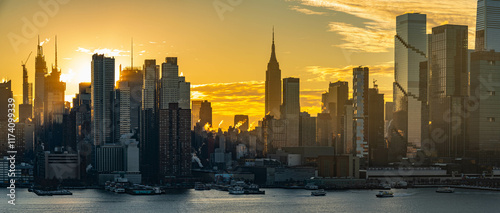 Manhattan skyscrapers skyline, stunning morning light, city scape water reflection, travel destination background image, selective focus isolated subject