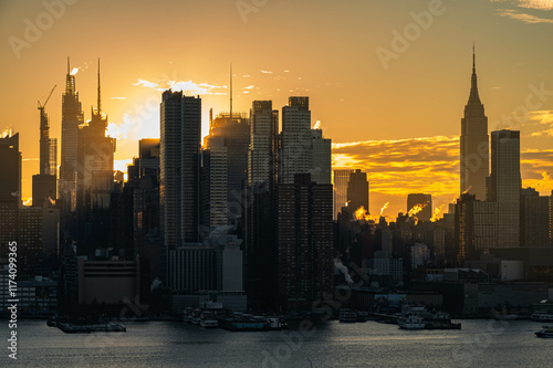 Manhattan skyscrapers skyline, stunning morning light, city scape water reflection, travel destination background image, selective focus isolated subject