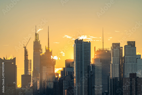 Manhattan skyscrapers skyline, stunning morning light, city scape water reflection, travel destination background image, selective focus isolated subject