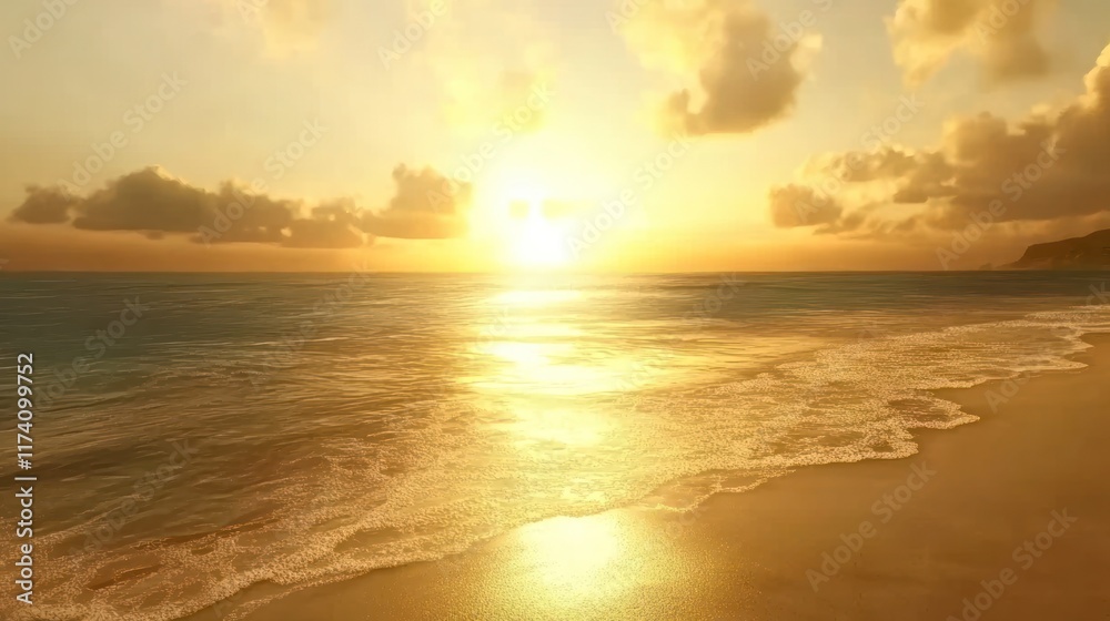Fototapeta premium Golden sunset over tranquil ocean beach.