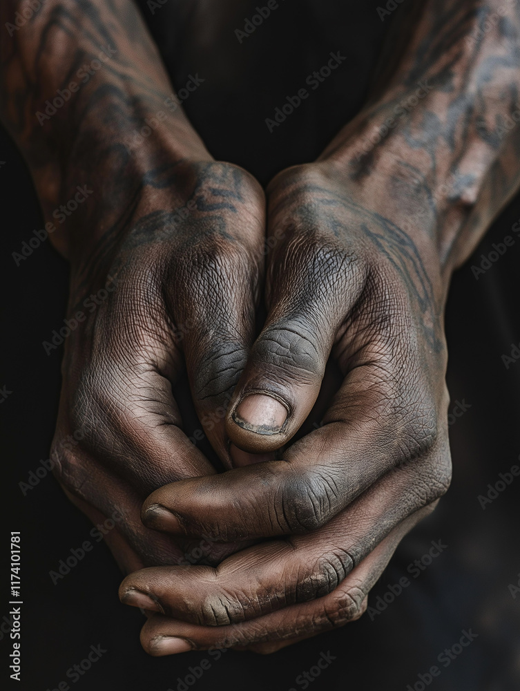Fototapeta premium Close-up of a gang member’s hands clasped together, detailed tattoos and rugged textures visible, ideal for themes of resilience