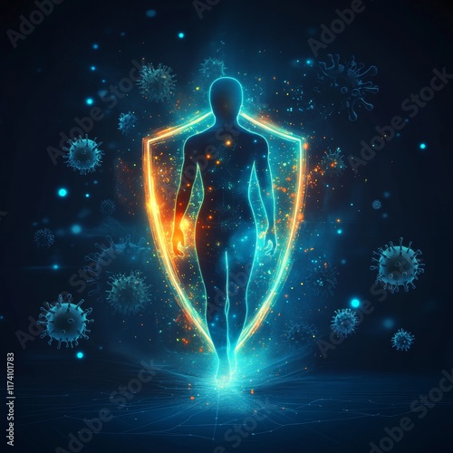 Digital Illustration: Human Figure with Protective Shield and Viruses