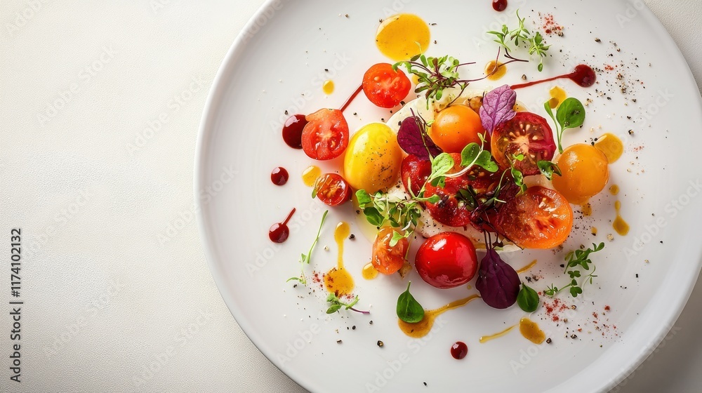 White table with artisanal dish featuring heirloom tomatoes and microgreens