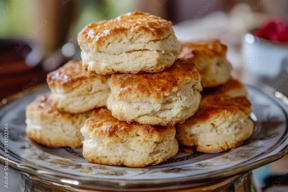 Delicious flaky biscuits stacked on ornate plate Delicious flaky biscuits stacked on ornate plate
