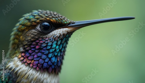 Magnificent Hummingbird: 4K Macro Shot of Vibrant, Iridescent Feathers, Close-up Portrait, Detailed Texture, Tropical Bird in Lush Green Setting, High-Resolution Wildlife Photography photo