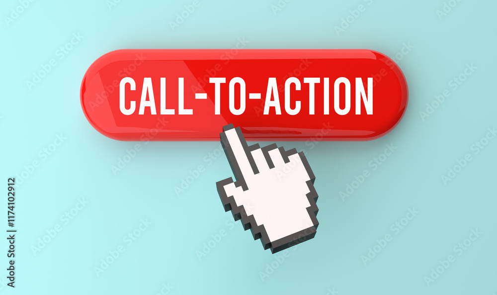 Call-to-Action text on web button, pixel clickable interface, web banner, user engagement, digital marketing, online interaction, conversion goal, modern design, 3D render. Call-to-Action text on web button, pixel clickable interface, web banner, user engagement, digital marketing, online interaction, conversion goal, modern design, 3D render.