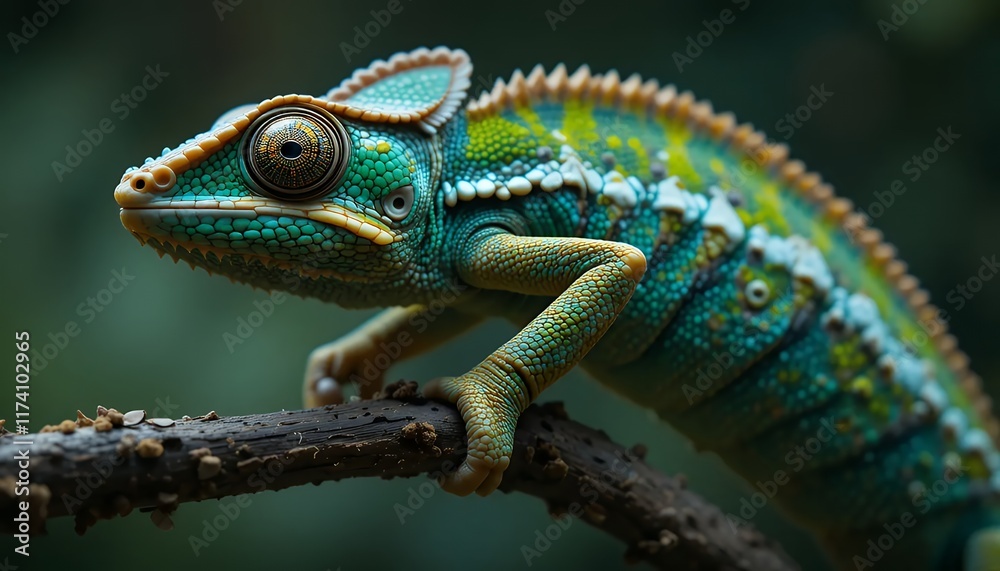 Obraz premium Vibrant Green Chameleon Macro Shot: 4K Ultra HD Wildlife Photography - Exotic Reptile in Lush Tropical Forest