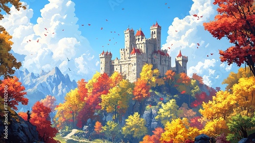 Majestic castle surrounded by vibrant autumn foliage mountain landscape digital art scenic view fantasy concept photo