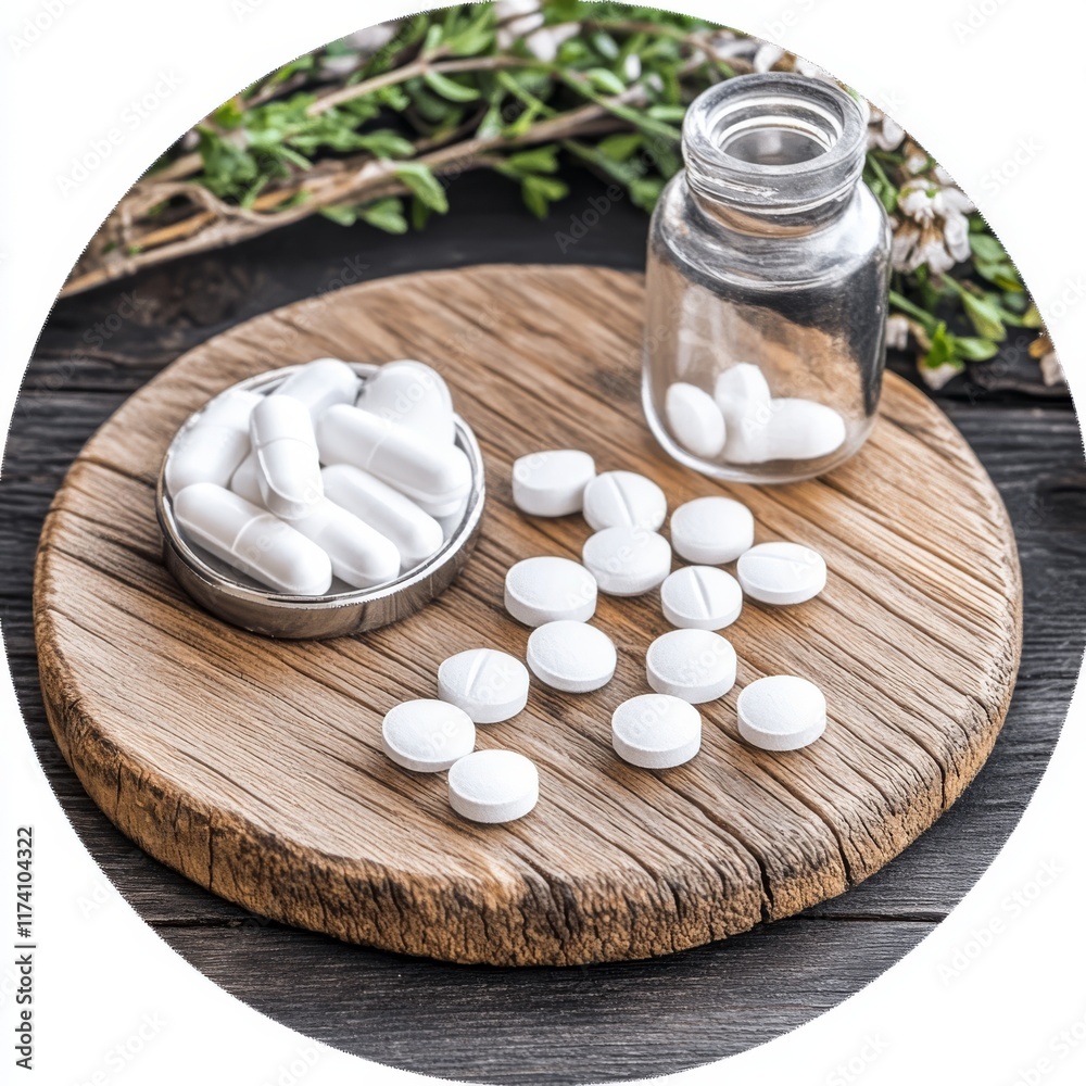 White Capsules and Tablets on Wooden Board with Glass Jar White Capsules and Tablets on Wooden Board with Glass Jar