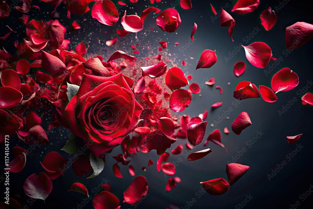 Crimson petals cascade against a stark black canvas, a breathtaking aerial drone shot.