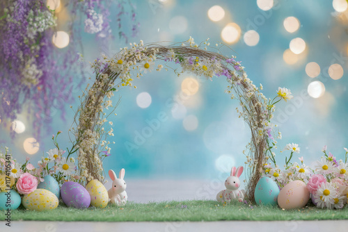 Pastel easter scene with decorative eggs, bunnies, and floral arch on grass photo