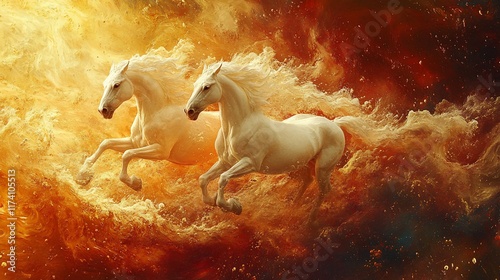 Two white horses running through a fiery, cosmic landscape.