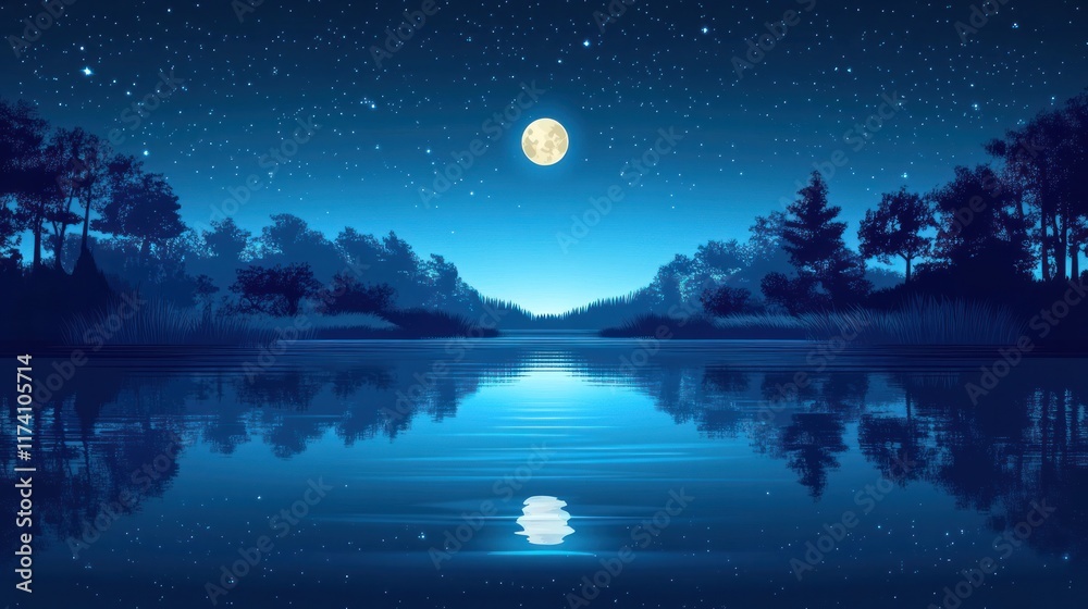 Naklejka premium Serene and tranquil landscape scene of a still lake reflecting the full moon and stars in a dark forest at night Peaceful and atmospheric outdoor environment with a calm