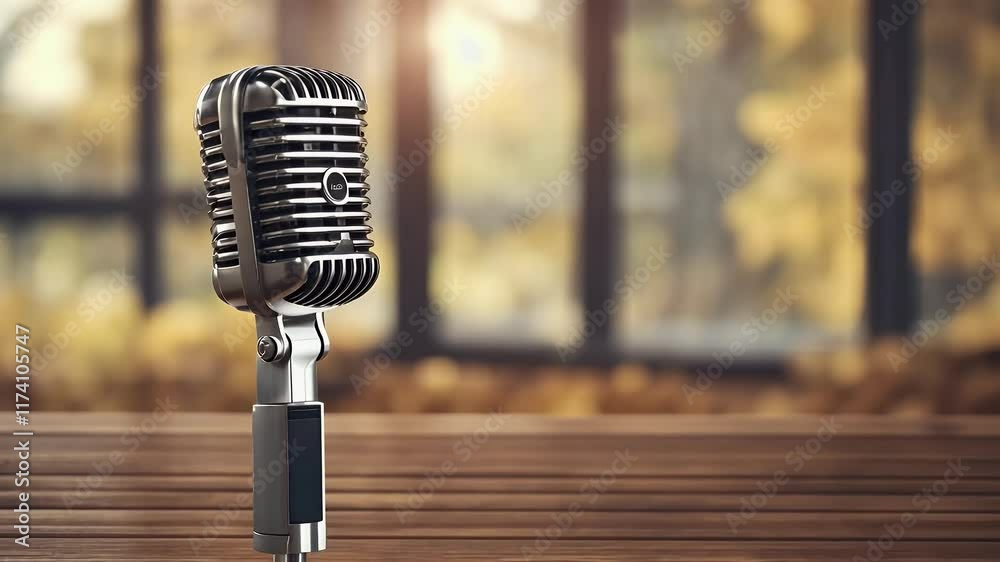 retro themed video featuring vintage microphone wooden table evoking nostalgic charm classic broadcasting vibes