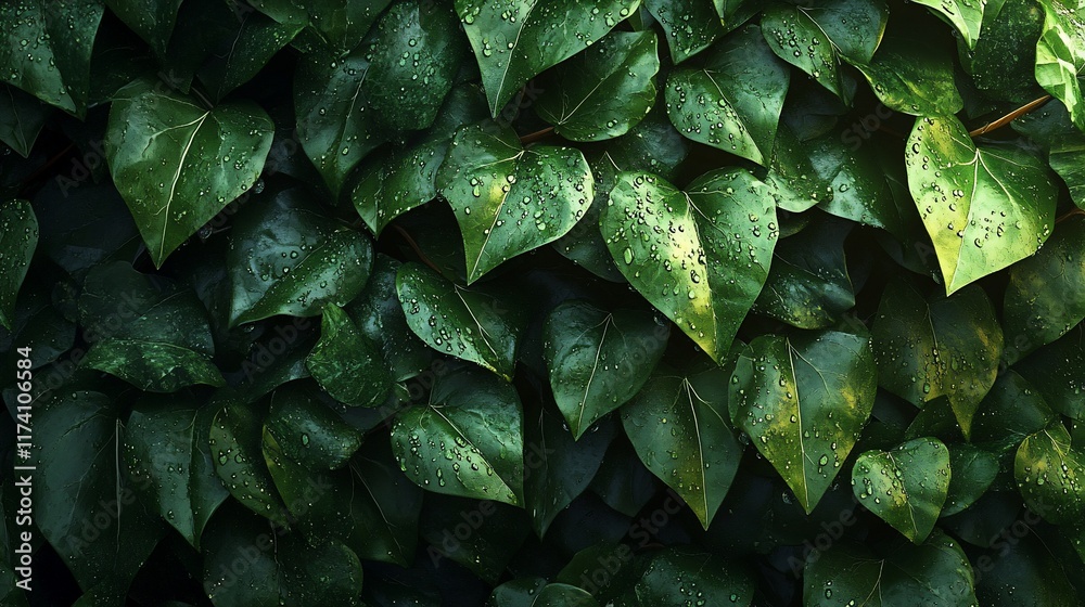 Obraz premium Lush green leaves with water droplets.