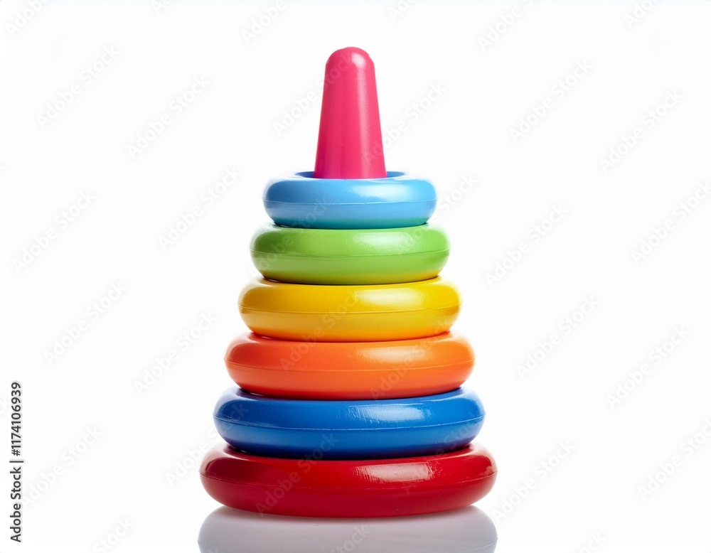 A colorful stacking ring toy with five rings in different sizes and colors, isolated on white. A colorful stacking ring toy with five rings in different sizes and colors, isolated on white.