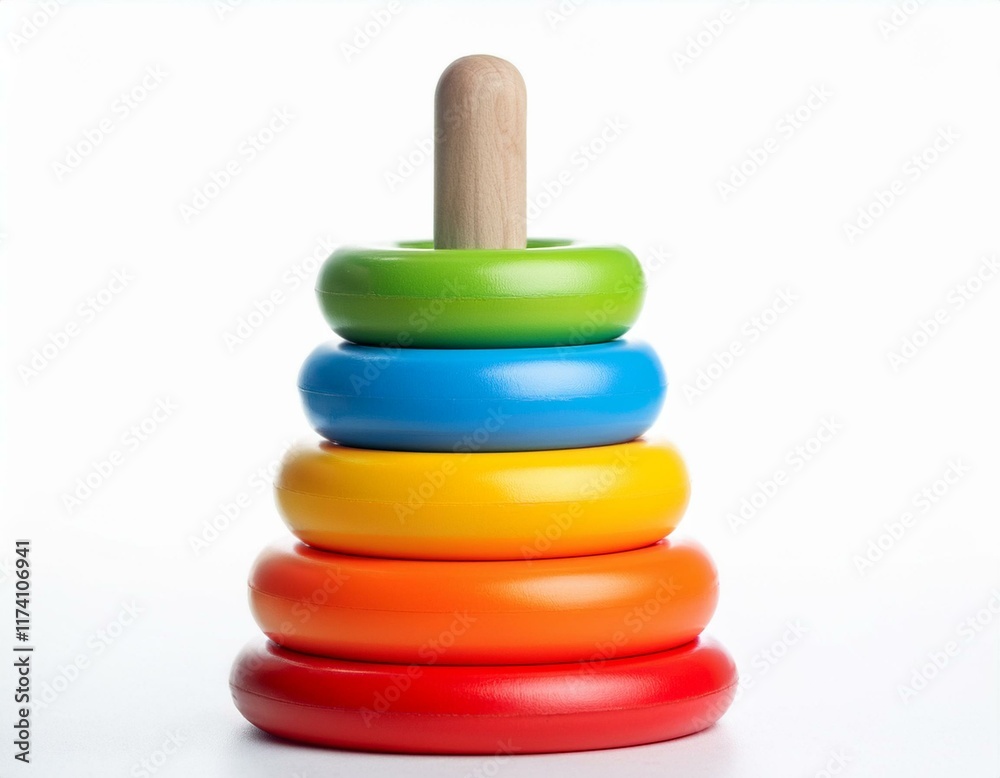 A colorful stacking ring toy with five rings in different sizes and colors, isolated on white. A colorful stacking ring toy with five rings in different sizes and colors, isolated on white.