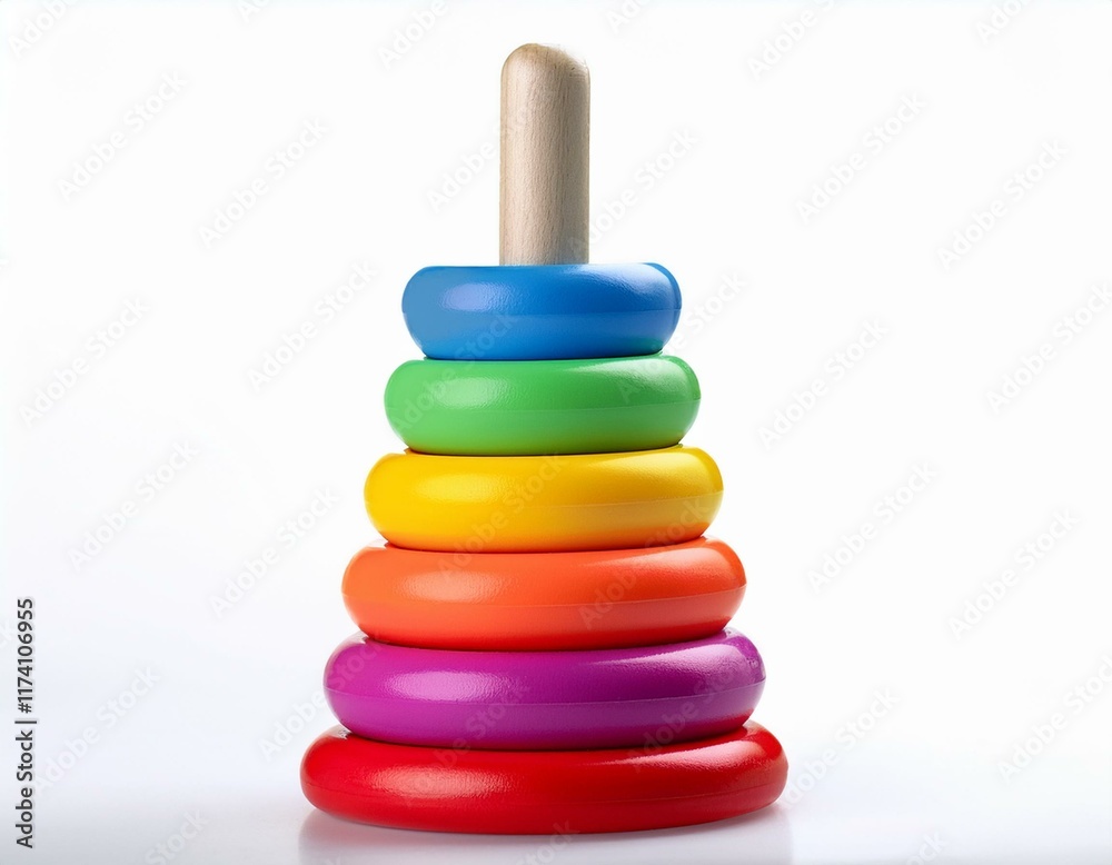 A colorful stacking ring toy with five rings in different sizes and colors, isolated on white. A colorful stacking ring toy with five rings in different sizes and colors, isolated on white.