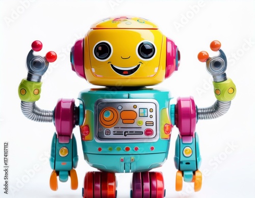 A colorful toy robot with movable arms and legs, featuring a smiling face, isolated on white.