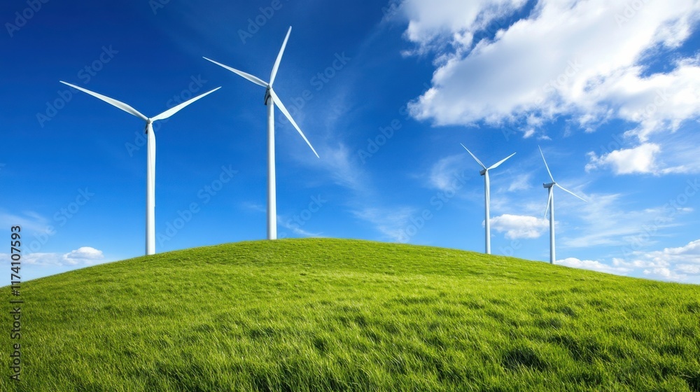 Tall Turbines on Grassy Hill Under Bright Sky Tall Turbines on Grassy Hill Under Bright Sky