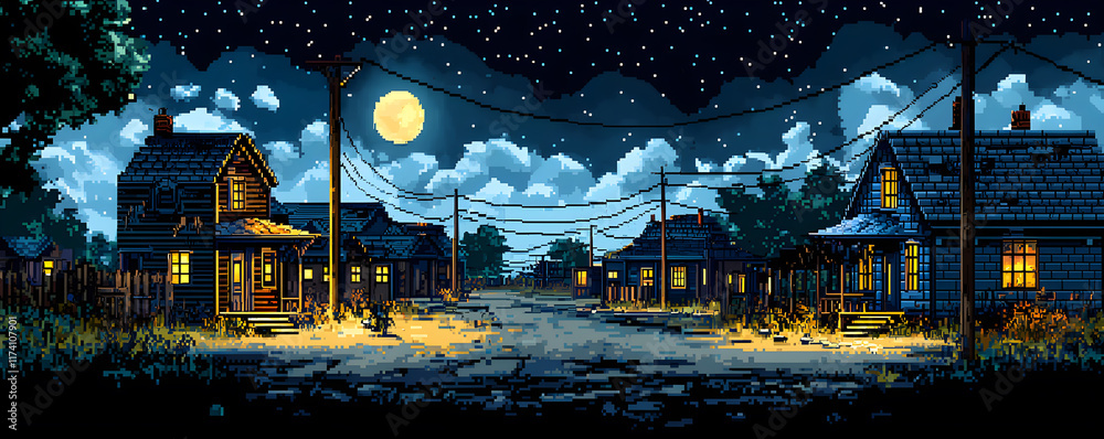 Fototapeta premium A computer generated image of a small town at night with a full moon in the sky