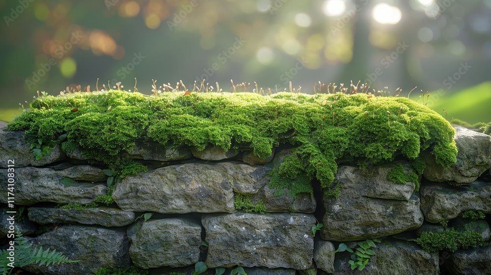 A lush green moss covering a stone wall in a serene outdoor setting. A lush green moss covering a stone wall in a serene outdoor setting.