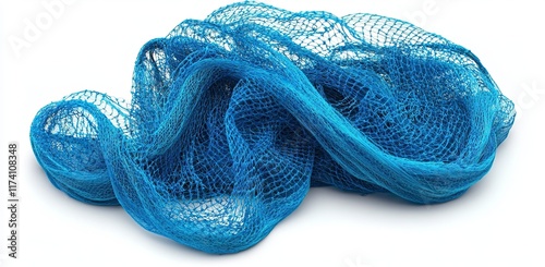A fishing net, reminiscent of a football or tennis net, depicted on a white background with rope photo