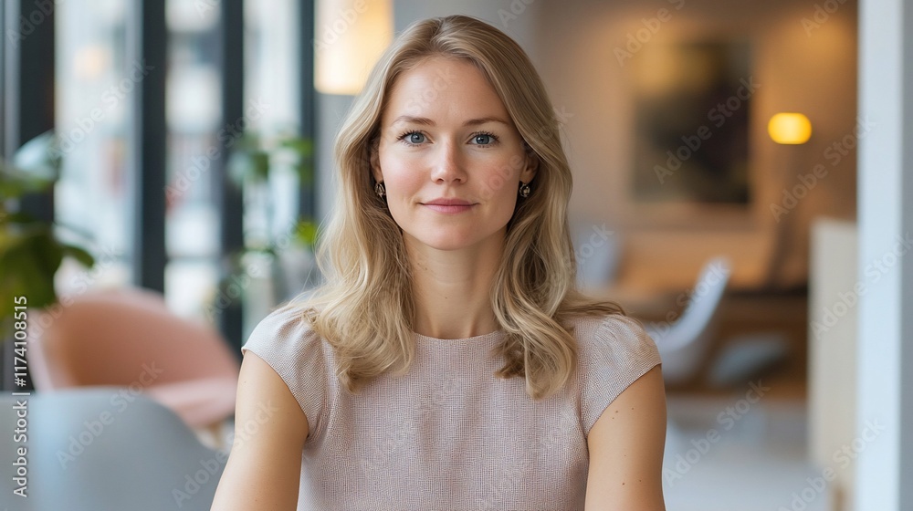 Fototapeta premium Confident blonde woman portrait in modern interior.