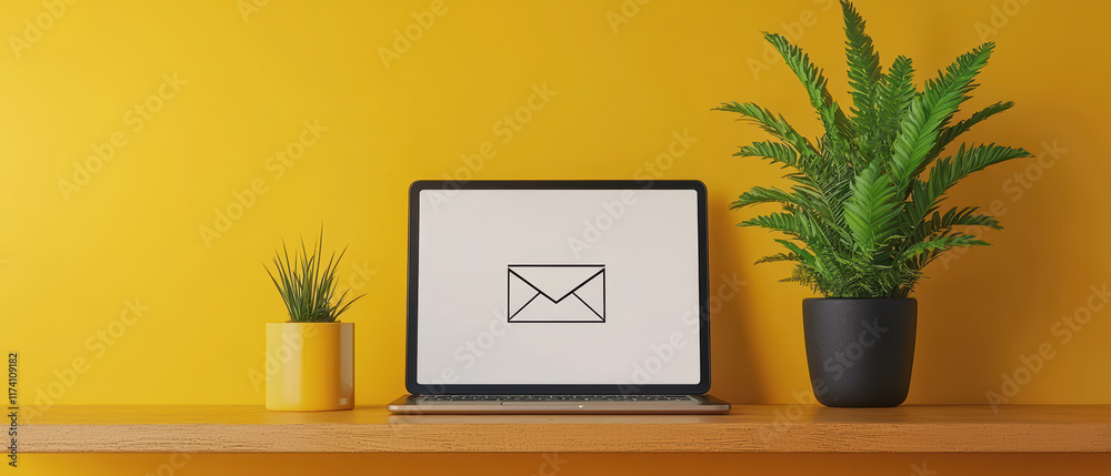 Fototapeta premium laptop displaying email icon on yellow background with plants