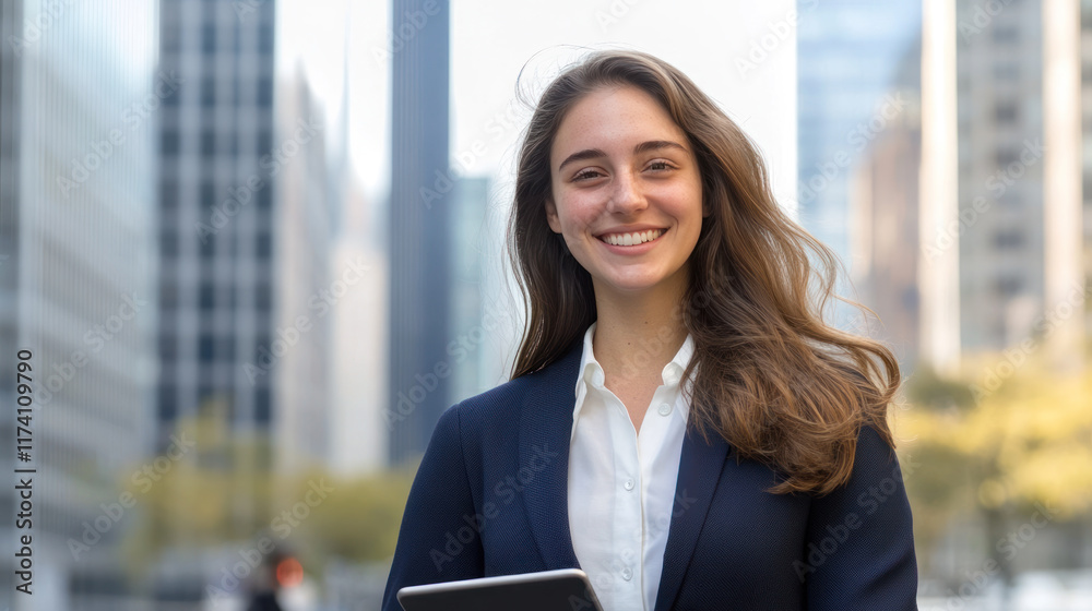 Australian business woman in suit smiling holding tablet at city with skyscrapers Australian business woman in suit smiling holding tablet at city with skyscrapers