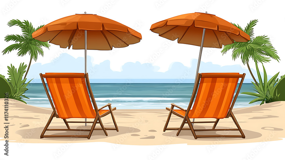 Two orange beach chairs and umbrellas on a tropical beach. Two orange beach chairs and umbrellas on a tropical beach.