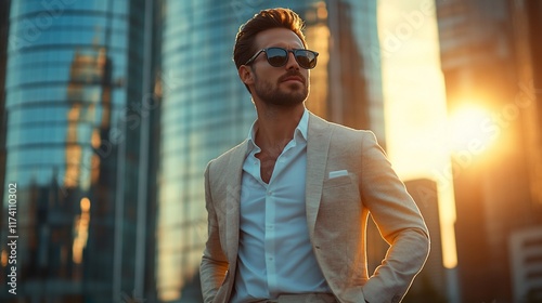 Confident man in suit, city background, sunset.