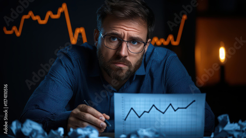 Focused man analyzing financial data with crumpled papers around