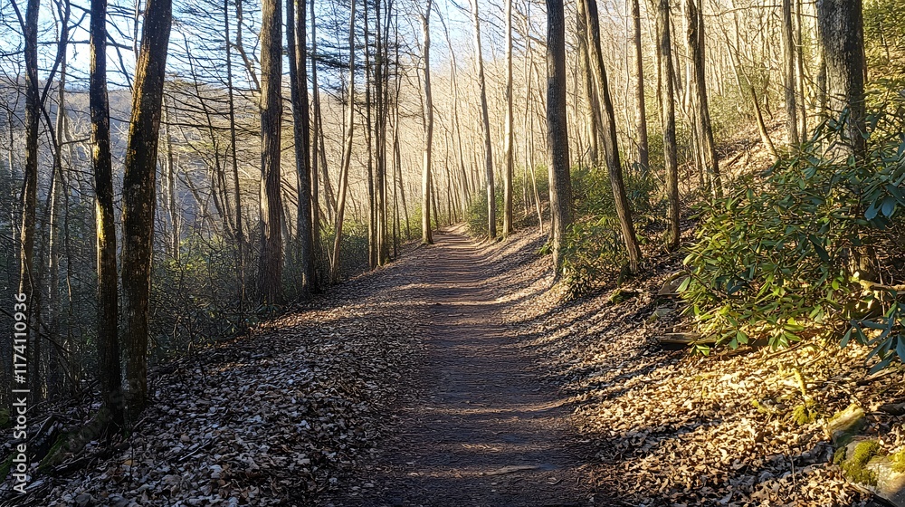 A scenic hiking trail through a dense forest, with sunlight filtering through the trees A scenic hiking trail through a dense forest, with sunlight filtering through the trees