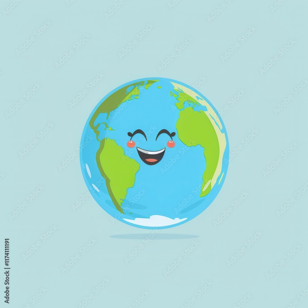 Obraz premium A cheerful cartoon Earth with a big smile and rosy cheeks, playfully depicting our planet's happy and healthy state.