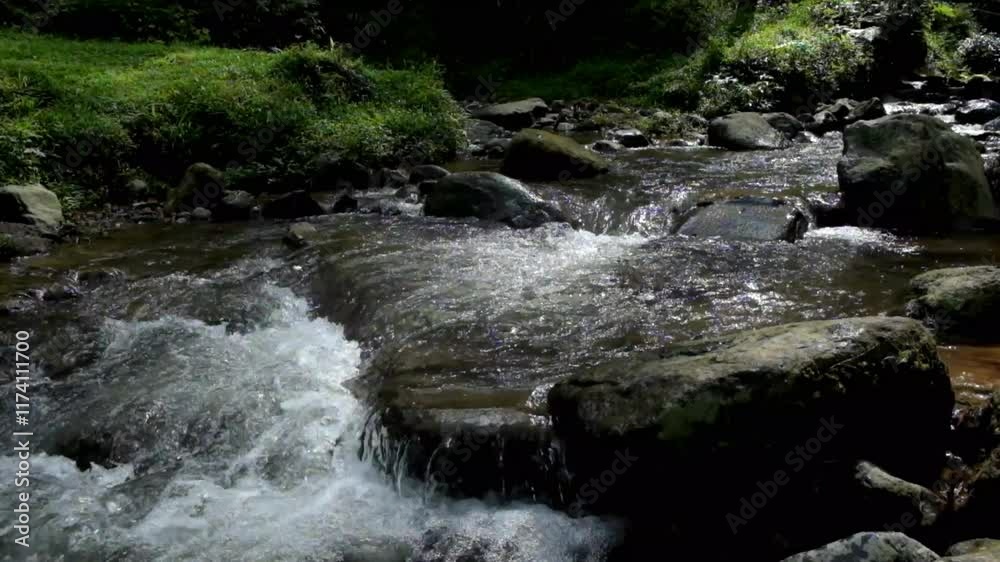 Clear river water flowing through rocks. A clear river and natural in the mountains. For relaxation and tranquility videos. Concept of ecology and sustainable green environment. Footage 4K, 60Fps Clear river water flowing through rocks. A clear river and natural in the mountains. For relaxation and tranquility videos. Concept of ecology and sustainable green environment. Footage 4K, 60Fps