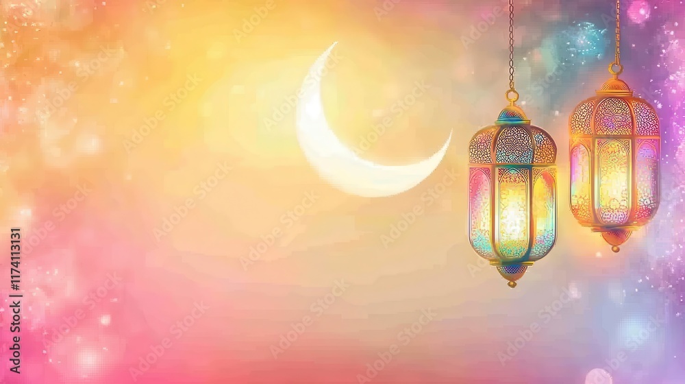 Ramadan Festive Background Featuring Crescent Moon and Lanterns Ramadan Festive Background Featuring Crescent Moon and Lanterns