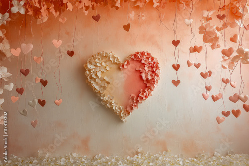 Romantic heart wall art decor with pastel pink and beige floral accents