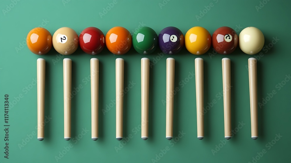 Colorful billiard balls arranged with cues on green felt