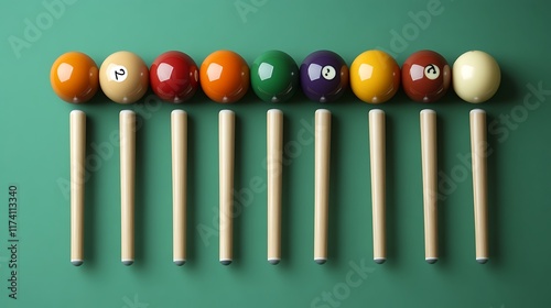 Obraz na płótnie Colorful billiard balls arranged with cues on green felt w salonie
