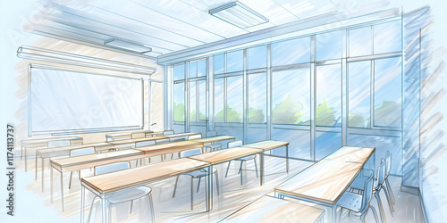 Bright  airy classroom with desks  chairs  and whiteboard.