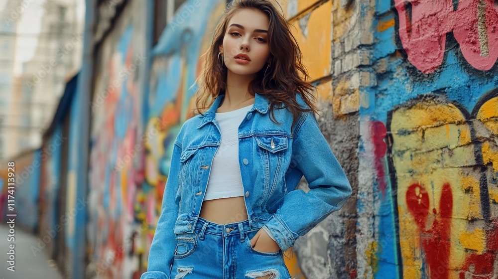 Naklejka premium Stylish young woman in denim jacket against graffiti wall.