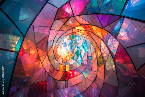 Vibrant spiral of multicolored stained glass creating a kaleidoscopic pattern