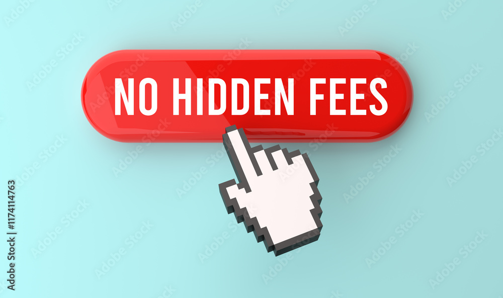 Pixelated hand cursor, red rounded button, NO HIDDEN FEES text, clickable interface, online shopping concept, consumer protection, clarity in pricing, e-commerce graphic, 3D render, web banner. Pixelated hand cursor, red rounded button, NO HIDDEN FEES text, clickable interface, online shopping concept, consumer protection, clarity in pricing, e-commerce graphic, 3D render, web banner.