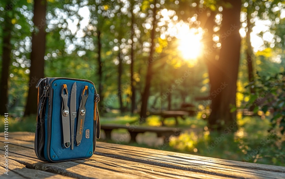 Multi-tool pouch on park bench at sunset. Multi-tool pouch on park bench at sunset.