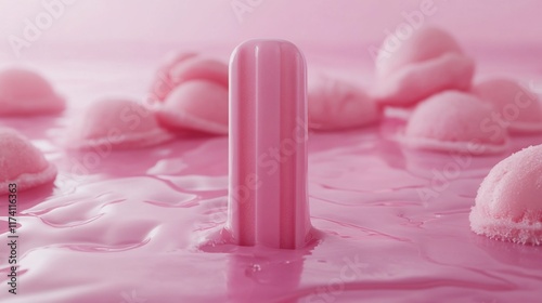 Pink popsicle standing in melted ice cream. photo