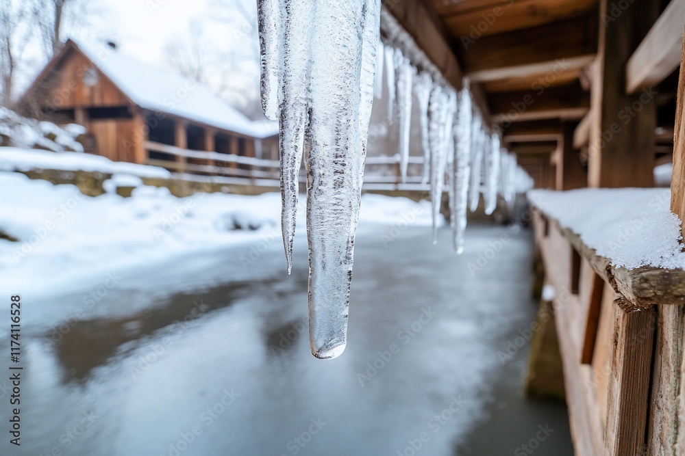 Obraz premium Icicles hanging, wooden bridge, winter village, stream
