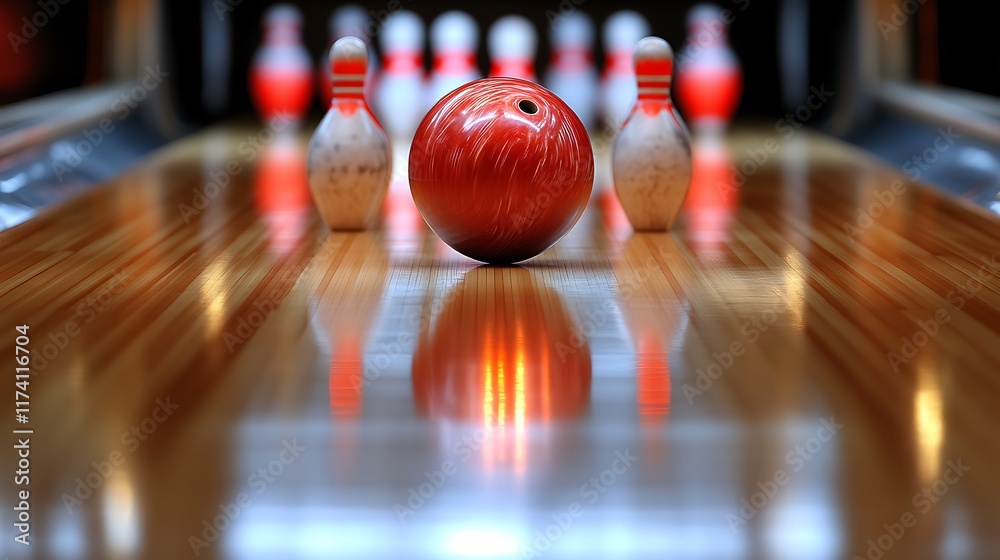 Red Bowling Ball on Polished Lane Awaits Strike