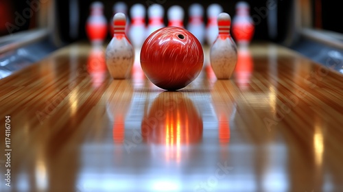 Obraz na płótnie Red Bowling Ball on Polished Lane Awaits Strike w salonie
