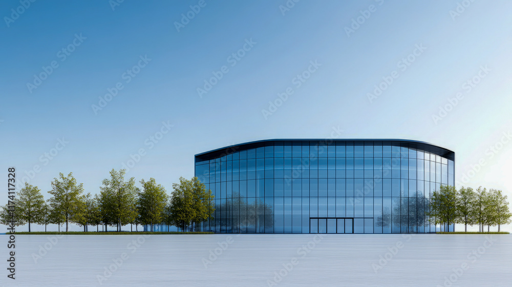 Modern glass office building surrounded by trees on a clear day Modern glass office building surrounded by trees on a clear day